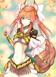  1girl absurdres animal_ears blush breasts caster_(fate/extra) fate/extra fate/extra_ccc fate/grand_order fate/stay_night fate_(series) fox_ears fox_tail hair_ribbon highres kaze_minoru_so-ru long_hair looking_at_viewer navel one_eye_closed open_mouth pink_hair ribbon solo tail twintails under_boob v yellow_eyes 