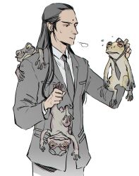  1boy animal animalization bindi black_jacket black_necktie black_pants brown_eyes collared_shirt cowboy_shot elena_(ff7) facial_mark final_fantasy final_fantasy_vii final_fantasy_vii_rebirth final_fantasy_vii_remake frog frog_on_shoulder furrowed_brow goggles goggles_on_head hair_pulled_back highres holding holding_animal holding_frog jacket lanimalu long_hair male_focus necktie pants reno_(ff7) rude_(ff7) shirt sidelocks suit_jacket sunglasses sweatdrop tears tseng white_background white_shirt 