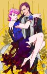  1boy 1girl diavolo dress father_and_daughter formal gloves hetero idachi jojo_no_kimyou_na_bouken pink_hair ponytail purple_hair short_hair stole suit trish_una 