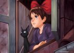  1girl black_cat blush_stickers bow brown_hair cat frown hair_bow hair_ribbon jiji_(majo_no_takkyuubin) kiki majo_no_takkyuubin red_ribbon rejean_dubois ribbon studio_ghibli twitter_username whiskers window 