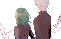  1boy 1girl allen_walker black_order_uniform brown_jacket collared_jacket d.gray-man facial_mark facing_away floating_hair green_hair hair_between_eyes jacket lenalee_lee light_smile looking_ahead looking_at_another military military_uniform pink_stripes red_stripes rulne scar scar_on_face short_hair sidelocks striped_background striped_clothes striped_jacket vertical-striped_clothes vertical-striped_jacket white_background white_hair 