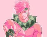  1boy blue_eyes caesar_anthonio_zeppeli facial_mark fingerless_gloves gloves headband idachi jojo_no_kimyou_na_bouken male_focus pink_hair scarf solo striped striped_scarf 