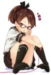  1girl abe_kanari black_legwear blush brown_eyes brown_hair commentary_request fang glasses hair_ribbon highres jewelry kantai_collection kneehighs knees_together_feet_apart long_hair looking_at_viewer no_shoes open_mouth ponytail red-framed_glasses red_string ribbon ring school_uniform serafuku shikinami_(kantai_collection) sitting skirt solo string wedding_band 