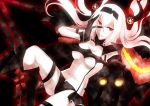  1girl air_defense_hime ayasato_karen black_gloves breasts gloves hand_on_own_face headband headgear highres kantai_collection long_hair looking_at_viewer machinery parted_lips red_eyes shinkaisei-kan smile solo turret white_hair white_skin 