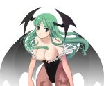  1girl bangs bare_shoulders bat_print blunt_bangs breasts brown_legwear cleavage cowboy_shot demon_wings fading floating_hair green_eyes green_hair head_wings highleg highleg_leotard leaning_forward leotard light_smile long_hair looking_at_viewer mochi_(pixiv53625) morrigan_aensland pantyhose print_legwear smile solo vampire_(game) white_background wings 