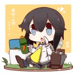  1girl black_hair chibi hayasui_(kantai_collection) highres ice_box jacket kantai_collection looking_at_viewer machinery nuu_(nu-nyu) pleated_skirt short_hair sitting skirt solo translation_request 