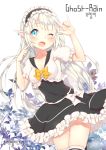  1girl ;d \m/ blue_eyes blush bow character_request copyright_request dress earrings fang finger_to_face frilled_dress frills hairband jewelry jewriel korean lolita_hairband long_hair one_eye_closed open_mouth pointy_ears silver_hair smile solo thigh-highs 
