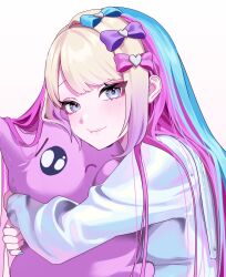  1girl absurdres blonde_hair blue_bow blue_eyes blue_hair blue_shirt bow cat-shaped_pillow character_pillow chouzetsusaikawa_tenshi-chan closed_mouth emoji hair_bow hair_down highres hugging_object long_hair long_sleeves looking_at_viewer m_psycho_83 multicolored_hair needy_girl_overdose pien_cat_(needy_girl_overdose) pillow pillow_hug pink_bow pink_hair pleading_face_emoji purple_bow shirt simple_background solo upper_body white_background 