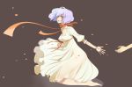  1girl barefoot choker dress from_side grey_background kneeling lavender_hair looking_to_the_side mochi_(pixiv53625) orange_eyes orange_ribbon original outstretched_hand parted_lips petals puffy_short_sleeves puffy_sleeves purple_hair ribbon ribbon_choker see-through short_hair short_sleeves simple_background solo_focus white_dress wind 