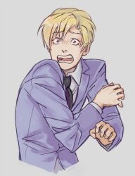  1boy black_necktie blonde_hair blue_eyes blue_jacket commentary_request jacket male_focus necktie open_mouth ouran_high_school_host_club ouran_high_school_uniform raised_eyebrows russian_commentary scared school_uniform solo suou_tamaki upper_body vasiliy-plumber 