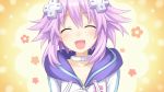  1girl :d ^_^ absurdres blush closed_eyes collar collarbone d-pad game_cg hair_ornament highres hoodie neptune_(choujigen_game_neptune) neptune_(series) open_mouth purple_hair smile solo tsunako upper_body 