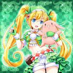  1girl blonde_hair blue_eyes fingerless_gloves gloves green_background green_clothes green_gloves hairband highres holding_animal midriff open_mouth pig popo_(stella_glow) quiver shorts stella_glow tk8d32 twintails 
