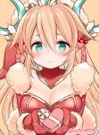  1girl bangs blonde_hair blush breasts cleavage detached_collar fur_trim gift green_eyes headdress heart-shaped_box long_hair looking_at_viewer marshmallow_mille mittens puzzle_&amp;_dragons ribbon sakuya_(p&amp;d) smile solo twitter_username 