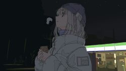  1girl beanie blue_hat breath can commentary drink_can grey_hair grey_jacket hat highres holding holding_can jacket ligne_claire long_hair long_sleeves night night_sky ninuru original outdoors puffy_long_sleeves puffy_sleeves sky solo upper_body winter_clothes 