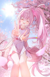  1girl absurdres cherry_blossoms closed_eyes double_v dress falling_petals highres jewelry long_hair necklace one_side_up open_mouth petals pink_hair sangnoksu side_ponytail smile solo thigh_strap tree uni_(vocaloid) v very_long_hair vocaloid 