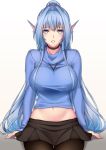  1girl belly_peek blue_eyes blue_hair blush breasts choker hair_intakes head_fins jewelry large_breasts lintanghaseo lips long_hair navel necklace original pantyhose parted_lips sitting skirt smile solo split_ponytail sweater very_long_hair 