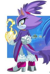 1girl absurdres animal_ears arm_behind_back blaze_the_cat cat_ears cat_tail coat fire flaming_hand forehead_jewel frown fur-trimmed_gloves fur_trim furry furry_female game_screenshot_inset gem gloves high_heels highres jewelry juda_osai necklace ocean pink_lips purple_coat solo sonic_(series) sonic_rush sonic_rush_adventure tail yellow_eyes