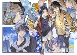  2boys animal_print backpack bag bangs_pinned_back bespectacled black_hair black_hat blue_flower brown_eyes brown_hair bucket_hat casual cellphone cloche_hat commentary_request cow_print flower fushimi_gaku glasses hand_in_pocket hat highres holding holding_phone horizontal-striped_sleeve_cuffs kenmochi_touya layered_sleeves lifebuoy long_sleeves male_focus mole mole_under_eye morning_glory multiple_boys multiple_views nijisanji ok_sign ok_sign_over_eye pants phone red_bag shading_eyes shirt shoes short_over_long_sleeves short_sleeves shorts shoulder_bag sneakers sunflower swim_ring tsuta1218 virtual_youtuber yellow_flower yellow_shirt 
