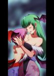  2girls bare_back bare_shoulders bat_print bridal_gauntlets closed_eyes green_hair happy highleg highleg_leotard hug leotard lilith_aensland long_hair morrigan_aensland multiple_girls pantyhose parted_lips pillarboxed print_legwear purple_hair rain-mbdn short_hair siblings sisters smile vampire_(game) very_short_hair wingsrn yuri 