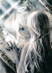 1girl absurdres blue_eyes grey_hair highres kei_(keigarou) long_hair mirror open_mouth solo wings 