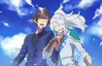  2boys closed_eyes coat earrings feathers interlocked_fingers jewelry long_hair male_focus mikleo_(tales) multiple_boys open_mouth ponytail sachico66 shirt sky smile sorey_(tales) tales_of_(series) tales_of_zestiria white_hair 