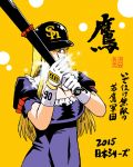  1girl azuki_osamitsu bangs baseball_bat baseball_helmet blonde_hair breasts breath circle cleavage covering_one_eye cowboy_shot determined dress fukuoka_softbank_hawks gloves hat helmet huge_breasts long_hair purple_dress short_sleeves signature simple_background solo sportswear touhou translation_request very_long_hair violet_eyes yakumo_yukari yellow_background 