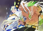  2boys black_pants blue_eyes bow_(weapon) earrings feathers hat jewelry kamui_(tales_of_zestiria) long_hair male_focus mikleo_(tales) multiple_boys pants platinum_blonde ponytail sachico66 shirtless smile sorey_(tales) tales_of_(series) tales_of_zestiria tattoo weapon white_hair yellow_eyes zavied_(tales) 