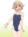  1girl :d atra_mixta bare_shoulders bracelet brown_hair collarbone competition_swimsuit covered_navel gradient gradient_background gundam_tekketsu_no_orphans highres jewelry netlk one-piece_swimsuit open_mouth red_eyes shiny shiny_hair short_hair skindentation smile solo swimsuit translucent_hair 