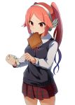  1girl blue_hair blush brown_hair food_in_mouth gradient_hair headphones mouth_hold multicolored_hair nanagi_(pixiv12776910) phantasy_star phantasy_star_online_2 quna_(pso2) red_eyes school_uniform skirt solo toast toast_in_mouth twintails 
