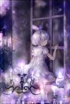  1girl bow candle candlestand child dress hair_bow highres litwick looking_back mio_(pixiv6572033) one_eye_covered personification pokemon purple purple_bow purple_hair reflection sample short_hair solo window yellow_eyes 