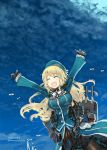  1girl :d atago_(kantai_collection) beret blonde_hair blue_sky blush breasts closed_eyes clouds crane dragonfly happy hat kantai_collection konno_takashi_(frontier_pub) large_breasts long_hair mecha_musume military military_uniform open_mouth outstretched_arms pantyhose sky smile solo twitter_username uniform upper_body 