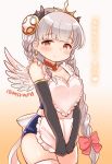  1girl angel_wings apron apron_tug black_gloves blush bow braid brown_eyes detached_collar earrings elbow_gloves frilled_apron gloves grey_hair hair_bow jewelry looking_at_viewer marshmallow_mille puzzle_&amp;_dragons smile solo tiara translation_request twitter_username valkyrie_(p&amp;d) wings 