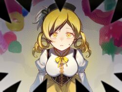  1girl black_hat blonde_hair bow bowtie charlotte_(madoka_magica) drill_hair hat highres juliet_sleeves long_sleeves looking_at_viewer mahou_shoujo_madoka_magica mahou_shoujo_madoka_magica_(anime) medium_hair open_mouth puffy_sleeves risheng_yueyin scared sharp_teeth solo sweatdrop teeth tomoe_mami tomoe_mami_(magical_girl) twin_drills upper_body wide-eyed yellow_bow yellow_bowtie yellow_eyes 