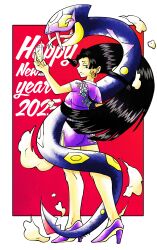  1girl 2025 absurdres boa_hancock closed_mouth cup dwalkn earrings fangs floating_hair full_body happy_new_year high_heels highres holding holding_cup jewelry looking_back one_piece pokemon_(creature) purple_shoes red_background shoes smoke snake_earrings sugimori_ken_(style) 