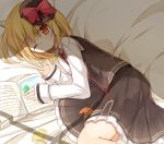  1girl blonde_hair book ginkgo_leaf hair_ribbon leaf long_sleeves looking_at_viewer lying on_side one_eye_closed open_book red_eyes ribbon rumia shirt skirt skirt_set solo touhou vest yuuhagi_(amaretto-no-natsu) 