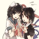  2girls anniversary asymmetrical_wings black_hair hands_together hat hisona_(suaritesumi) houjuu_nue looking_at_viewer multiple_girls murasa_minamitsu neckerchief one_eye_closed open_mouth pose red_eyes sailor_dress sailor_hat smile touhou wings 