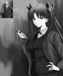  absurdres black_hair clam_shell_ornament fate/stay_night fate_(series) hair_ribbon highres lace-trimmed_jacket lightstick long_hair pinstripe_bra puffy-trimmed_leotard ribbon rin&#039;s_pendant_(fate) shokobr sigmund_freud square tohsaka_rin 