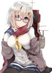  1girl bespectacled black_legwear blue_eyes breasts buttons cannon cardigan glasses hair_ornament hair_over_one_eye hairclip hamakaze_(kantai_collection) kantai_collection kou_mashiro large_breasts long_sleeves looking_at_viewer machinery open_cardigan open_clothes pantyhose pleated_skirt red-framed_glasses red_scarf scarf school_uniform serafuku short_hair silver_hair simple_background sitting skirt solo turret wariza white_background 