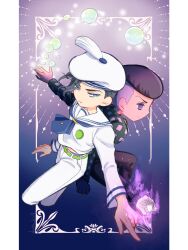  2boys akatsuki19 aura back-to-back belt black_hair blue_eyes checkered_clothes checkered_shirt chibi commentary commentary_request green_belt green_shirt grey_hair hat highres jojo_no_kimyou_na_bouken jojolion kira_yoshikage_(jojolion) kujo_josefumi long_bangs male_focus multicolored_hair multiple_boys pants pointing pompadour sailor sailor_collar sailor_hat sheer_heart_attack shirt soap_bubbles stand_(jojo) two-tone_hair undercut violet_eyes white_hat white_pants white_sailor_collar white_shirt 