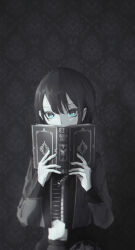 1girl alter_ego_(game) black_hair blue_eyes blush book butterfly es_(alter_ego) gloves long_sleeves looking_at_viewer mouth_hidden object_over_mouth suit wallpaper white_gloves white_skin