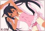  1girl animal_ears black_hair brown_eyes cat_ears hair_down k-on! nakano_azusa nora-toro pink solo swimsuit tail tan tanline 