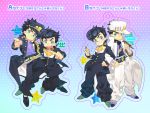  2boys anchor_symbol backpack bag black_hair blue_eyes bullet chain clenched_hand dual_persona gakuran gradient gradient_background grin hat heart higashikata_jousuke jojo_no_kimyou_na_bouken kuujou_joutarou long_coat multiple_boys open_mouth peace_symbol pin pointing polka_dot polka_dot_background pompadour school_uniform smile toujou_sakana turtleneck 