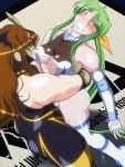  2girls boots breasts cleavage_cutout dark_star_chaos elbow_gloves fingerless_gloves gloves green_hair grin hair_ribbon hug leotard long_hair mask multiple_girls noppo-san one_eye_closed open_mouth pain ponytail ribbon sakurai_chisato saliva smile tears thigh-highs thigh_boots very_long_hair wrestle_angels wrestle_angels_survivor wrestle_angels_survivor_2 wrestling wrestling_outfit yellow_eyes 