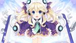  1girl absurdres blonde_hair blue_eyes blush book chain game_cg hair_ornament highres histoire necktie neptune_(series) official_art smile solo tsunako twintails wings 