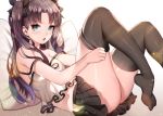  1girl adjusting_clothes adjusting_legwear bangs bare_shoulders black_bow black_hair black_legwear black_skirt blue_eyes bow fate/stay_night fate_(series) ganik_(pisshine) hair_bow legs_up long_hair looking_at_viewer lying midriff miniskirt no_shoes on_back parted_bangs pillow pleated_skirt purple_hair skirt sleeveless solo strap_slip thigh-highs toosaka_rin two_side_up upskirt 