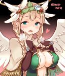  1girl angel_wings archangel_(p&amp;d) blonde_hair blush breasts capelet cleavage covered_nipples cropped_jacket elbow_gloves fingerless_gloves fringe gloves green_eyes hair_ornament head_wreath heavy_breathing leaf_hair_ornament marshmallow_mille puzzle_&amp;_dragons solo sweatdrop twitter_username wings 