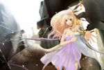  1girl animal bird breasts choker cleavage dress feathered_wings feathers flower hair_feathers hair_flower hair_ornament hawk lavender_dress long_hair looking_at_viewer mochi_(pixiv53625) original outstretched_hand purple_dress ribbon rose see-through solo sunlight wings 