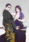  1boy 1girl axe black_hair brown_hair dress flower formal glasses gun handgun hetero idachi japanese_clothes joseph_oda julie_kidman kimono the_evil_within weapon 