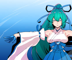  aqua_hair blue_background high_ponytail highres long_hair looking_at_viewer magia_azure magical_girl mahou_shoujo_ni_akogarete mengnaidu minakami_sayo outstretched_arms ponytail spread_arms straight-on 