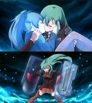  2girls alternate_weapon ascot blush breasts brown_legwear carrying closed_eyes commentary_request flight_deck glowing green_eyes green_hair hair_ornament hairclip hand_on_another&#039;s_cheek hand_on_another&#039;s_face highres jacket kantai_collection kiss kumano_(kantai_collection) long_hair looking_at_viewer machinery multiple_girls open_mouth parody pleated_skirt ponytail princess_carry rayno school_uniform skirt smile suzuya_(kantai_collection) thigh-highs valkyrie_drive weapon yuri 